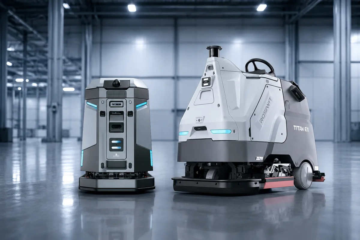 Autonómni upratovací roboti Rosiwit Titan 810 a kompaktný robot v hale